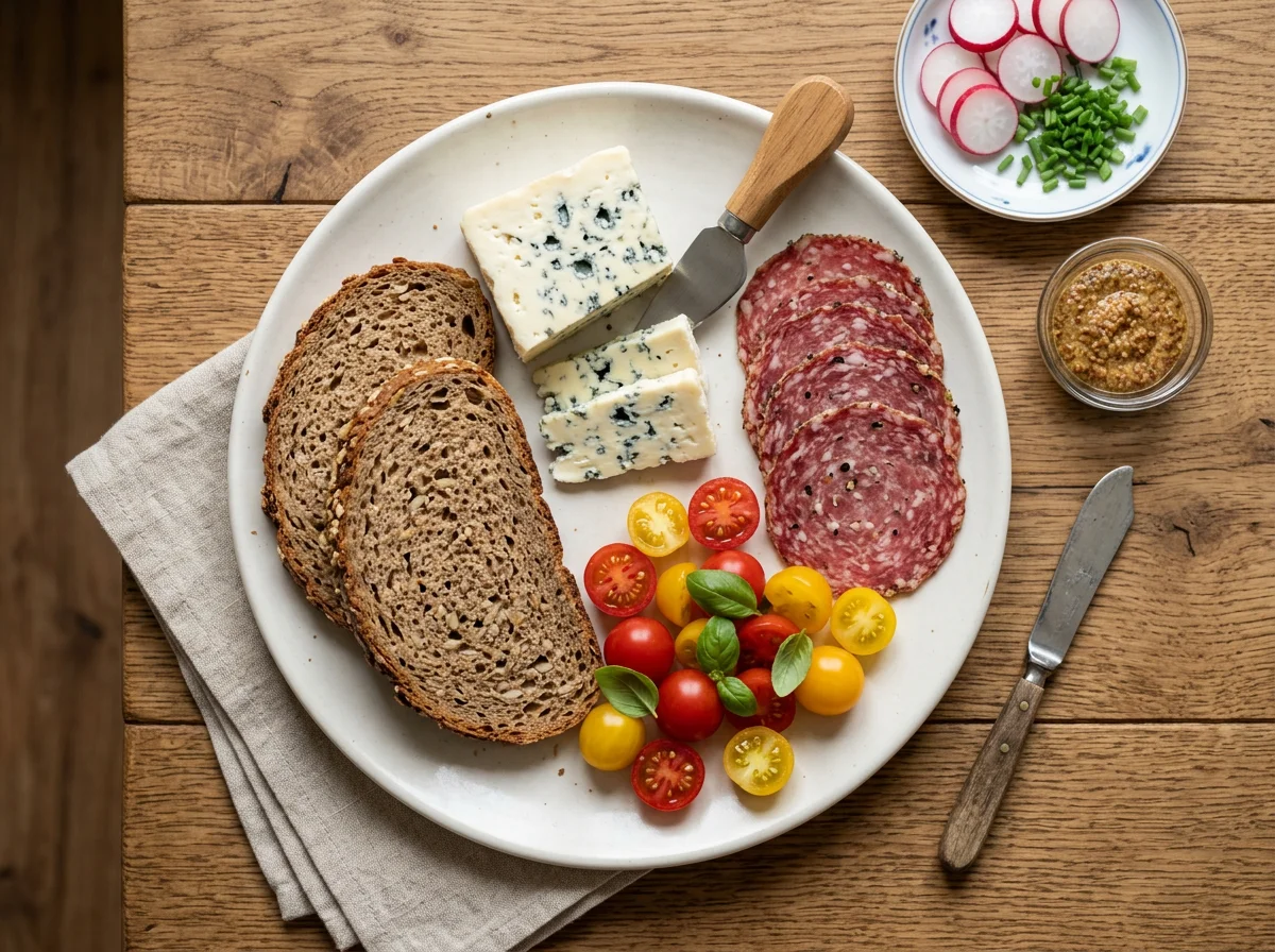 Brotzeit mit Käse, Wurst und Tomaten photo
