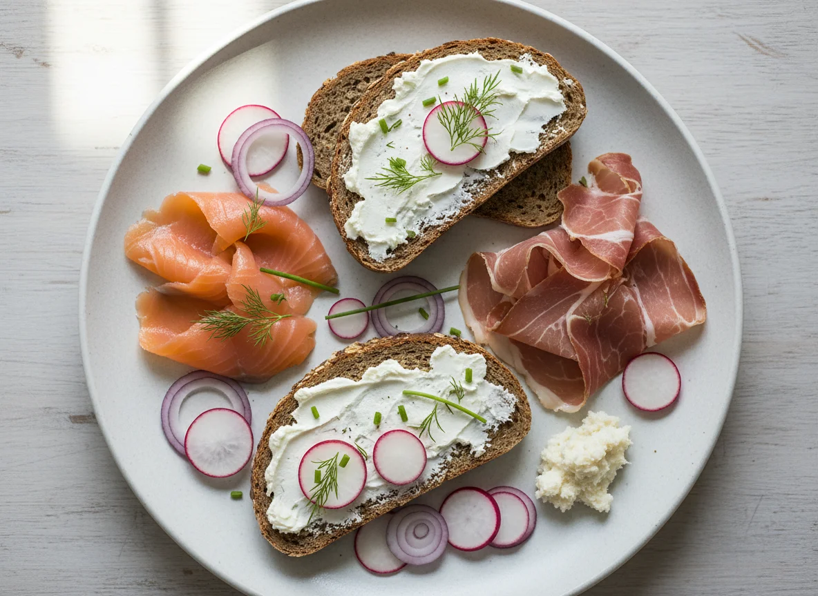 Brotzeit mit Lachs, Schinken und Gemüse photo