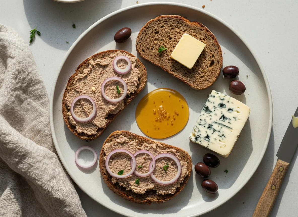 Brotzeit mit Leberwurst, Honig und Käse photo
