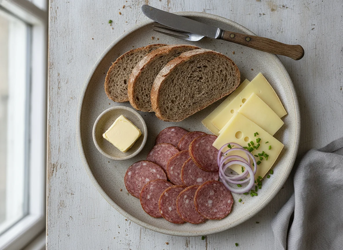 Brotzeit mit Mettwurst und Käse photo