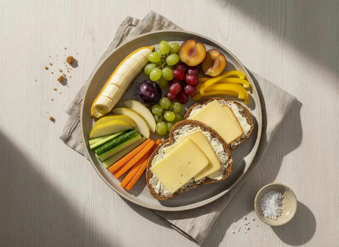 Brotzeit mit Obst und Gemüsesticks photo