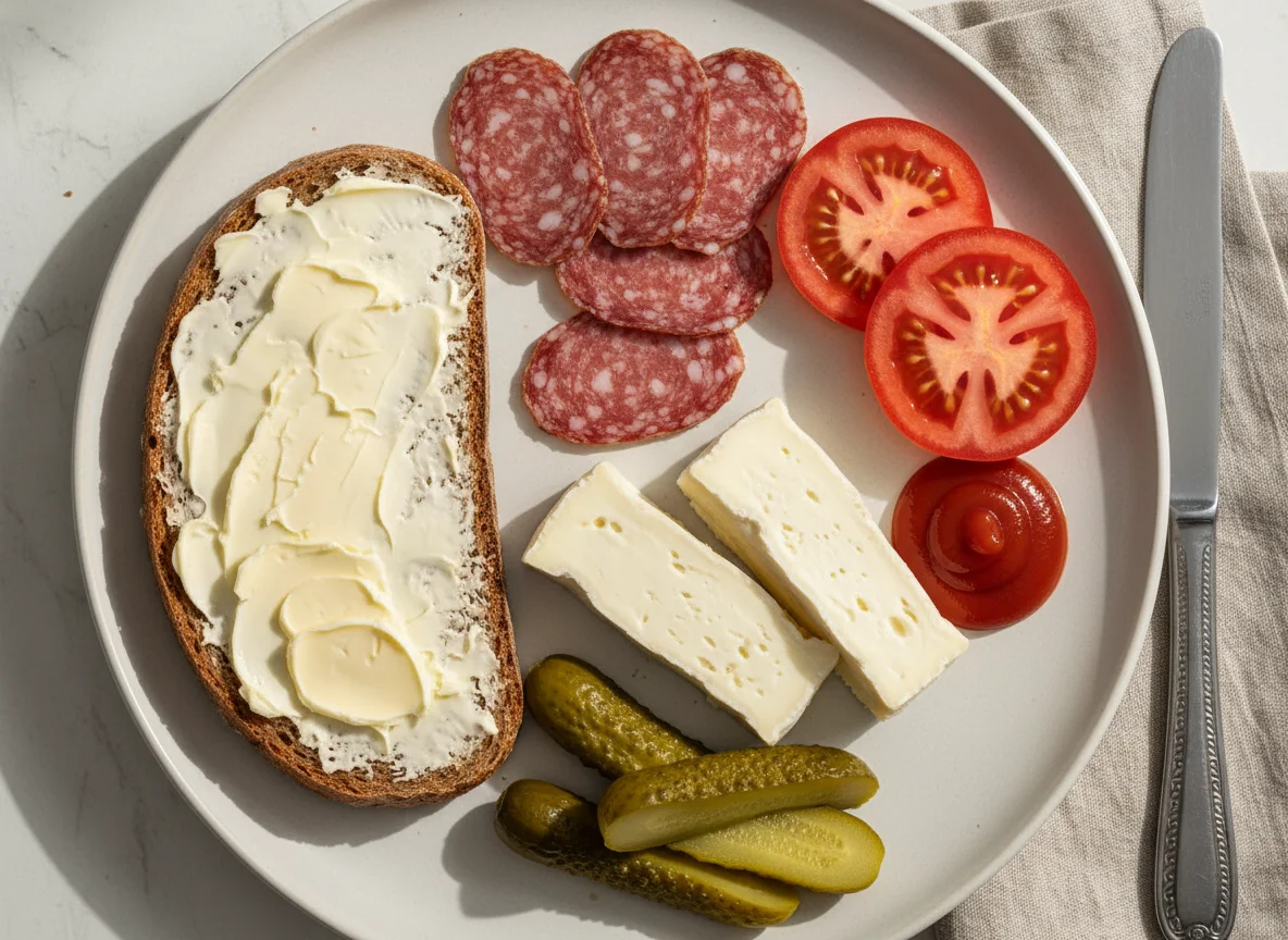 Brotzeit mit Salami, Camembert und Gewürzgurken photo