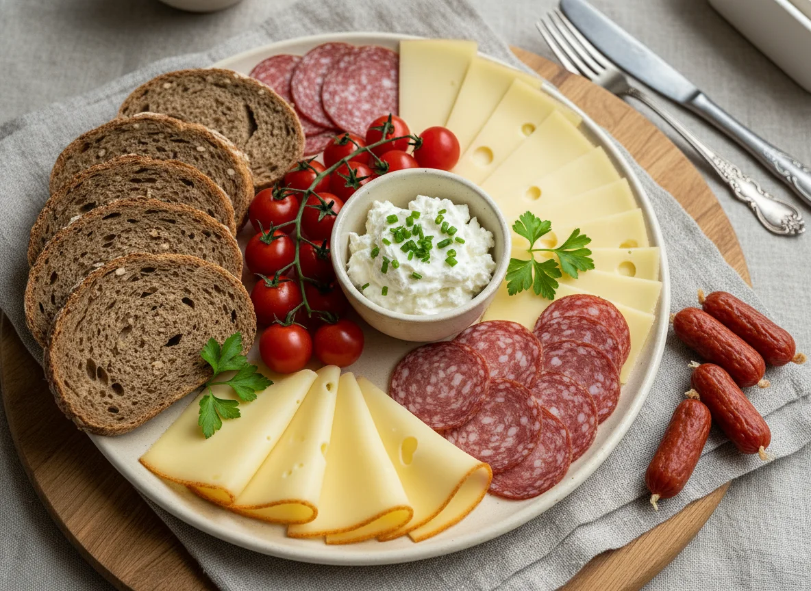 Brotzeit mit Salami, Käse, Frischkäse, Cherrytomaten und Mini-Salamis photo