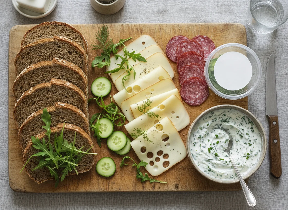 Brotzeit mit Salami, Käse und Kräuterquark photo