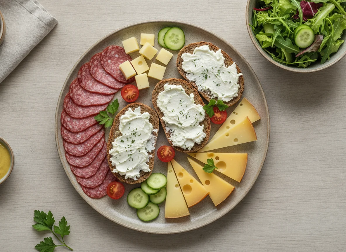 Brotzeit mit Salami, Käse und Salat photo
