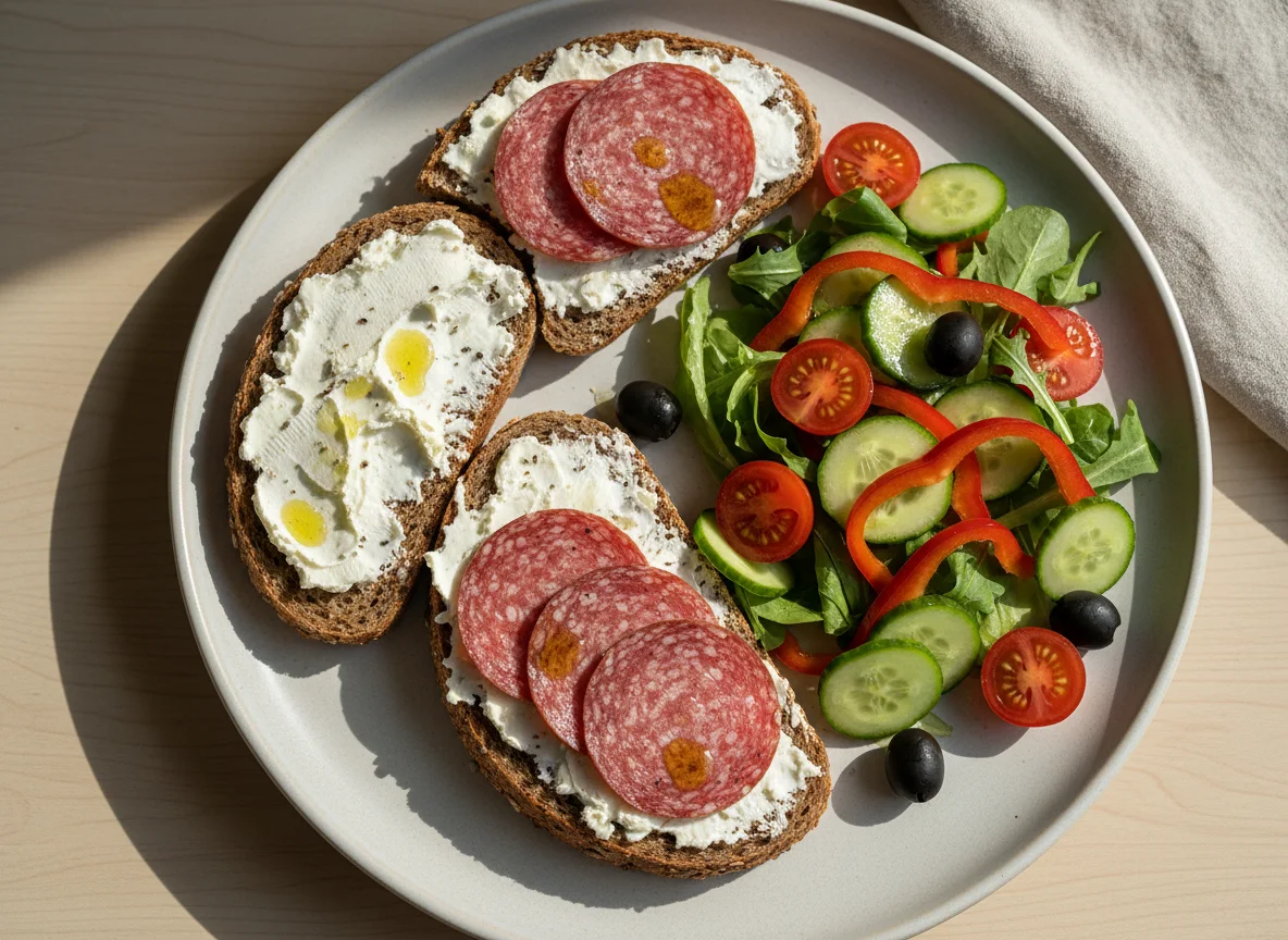 Brotzeit mit Salami und Salat photo