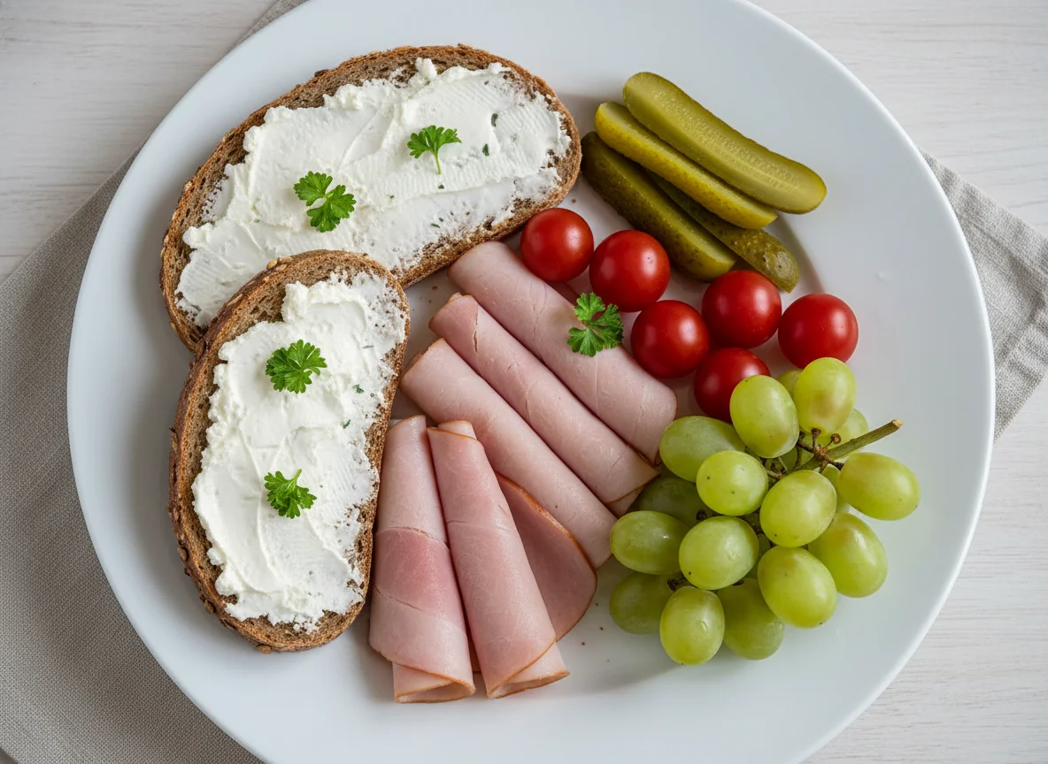 Brotzeit mit Schinken, Gemüse und Obst photo