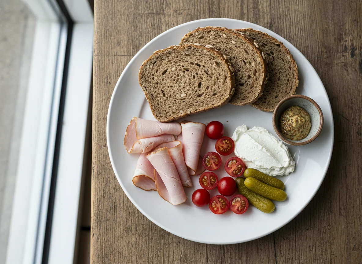 Brotzeit mit Schinken, Käse und Gemüse photo