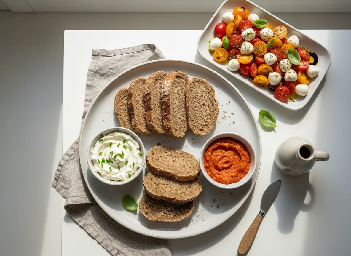 Brotzeit mit Tomaten-Mozzarella-Salat und Aufstrichen photo