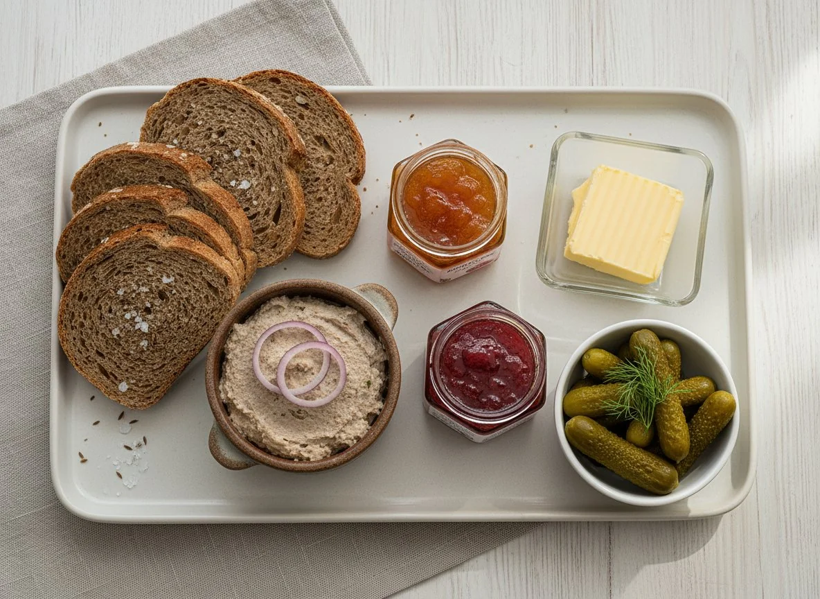 Brotzeit mit verschiedenen Aufstrichen und Gewürzgurken photo