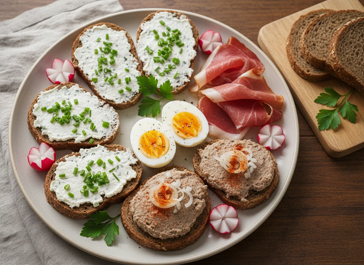 Brotzeit mit verschiedenen Belägen und Ei photo