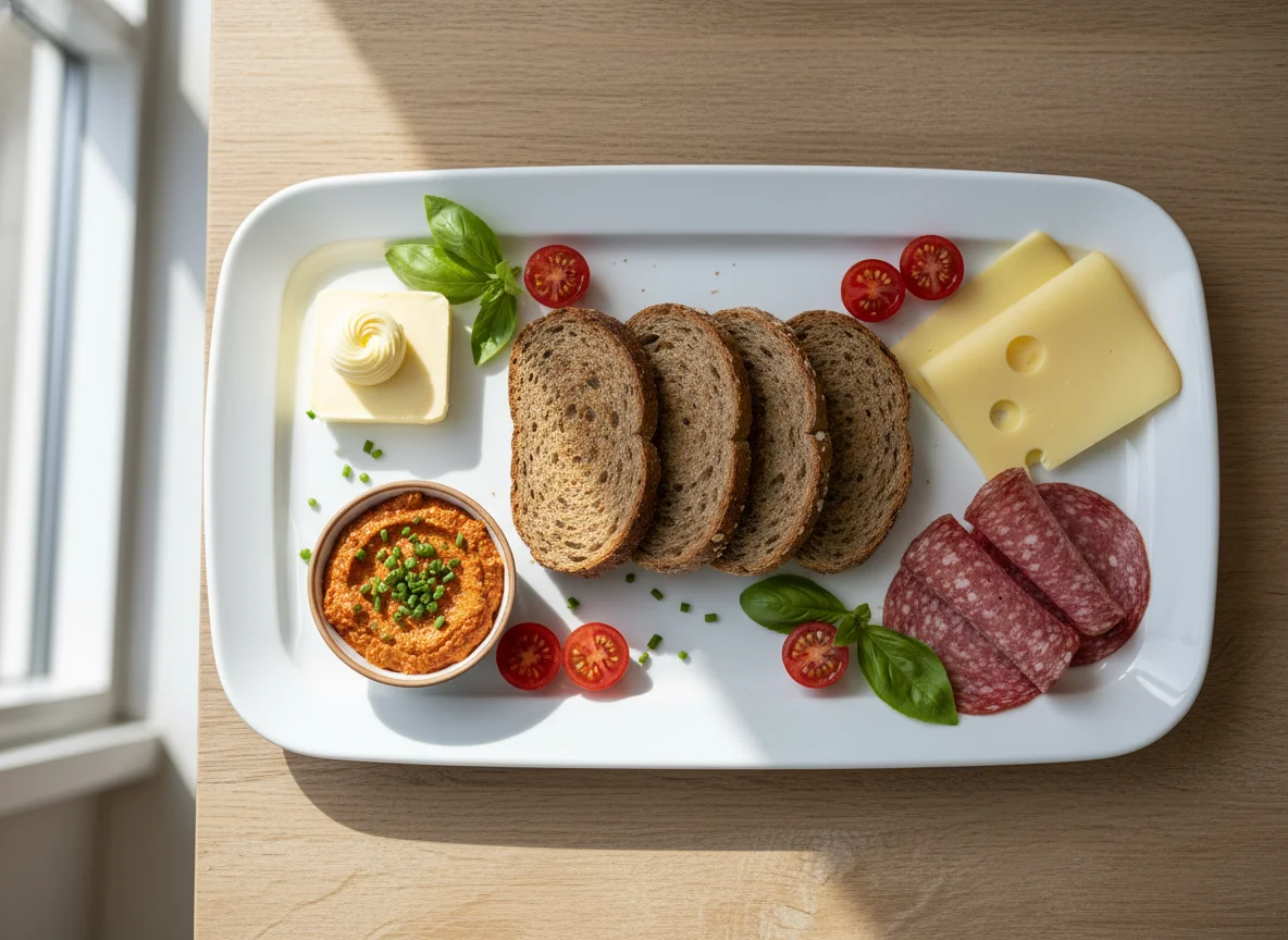 Brotzeit mit verschiedenen Belägen und Tomaten photo