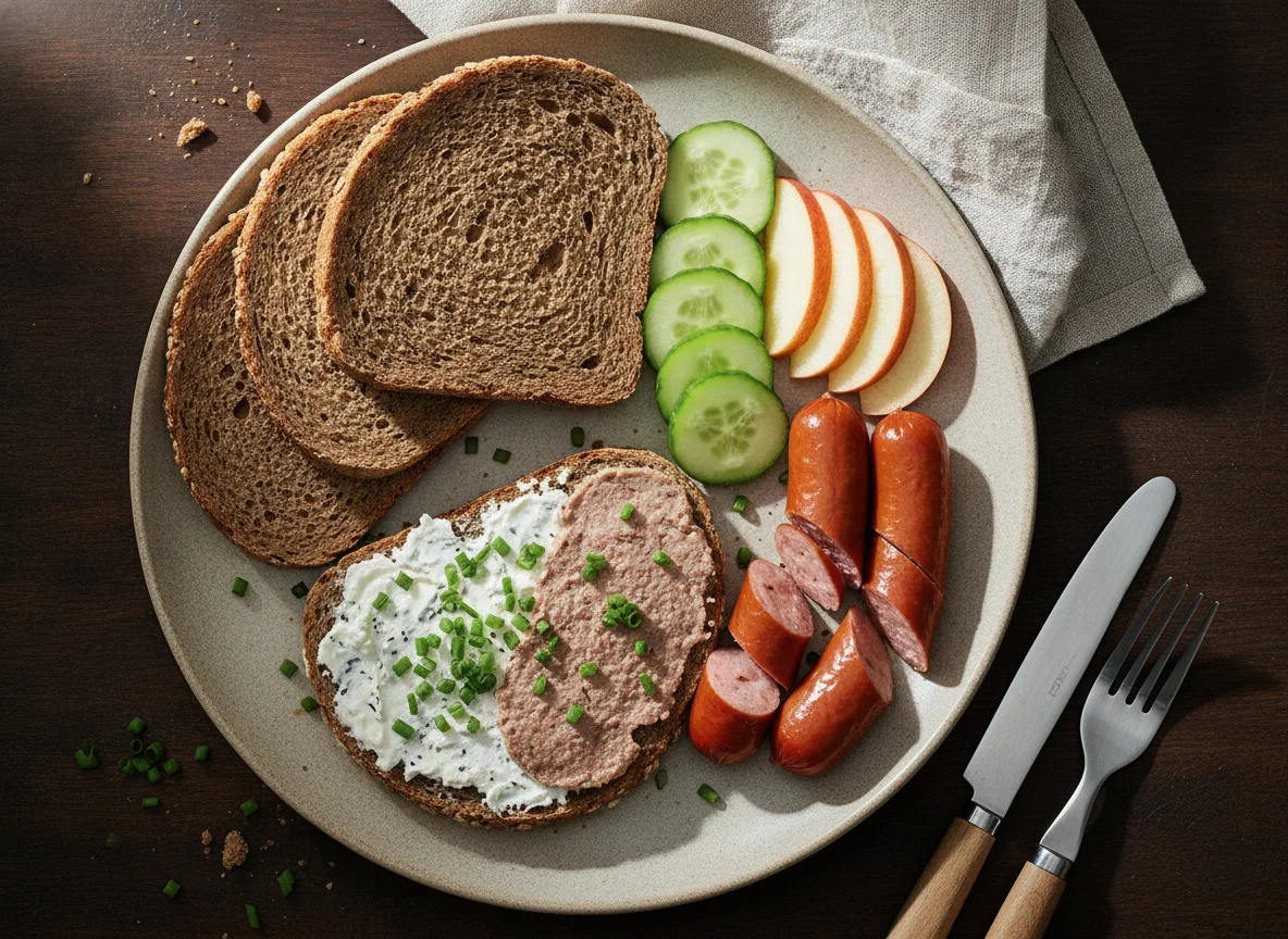 Brotzeit mit Wurst, Apfel und Gurke photo
