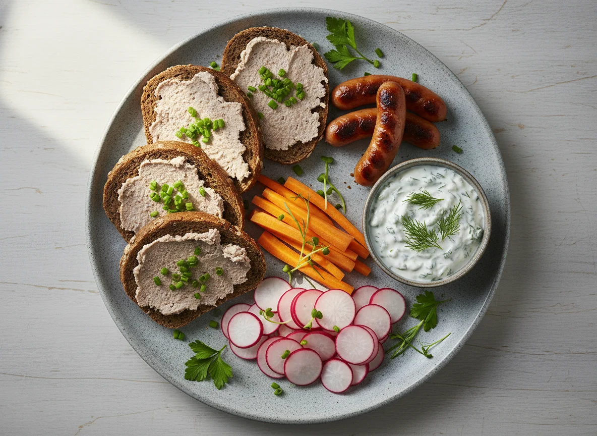 Brotzeit mit Wurst, Gemüse und Aufstrich photo