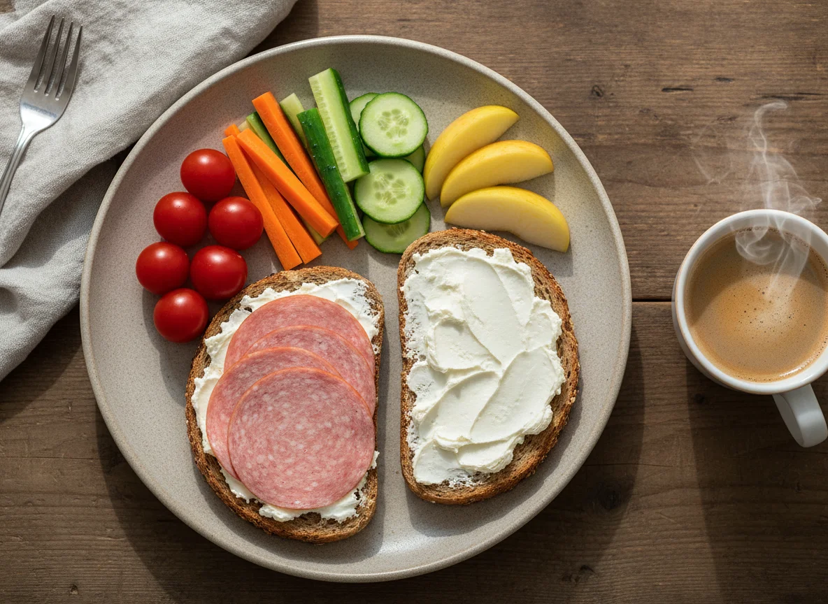 Brotzeit mit Wurst, Gemüse und Obst photo
