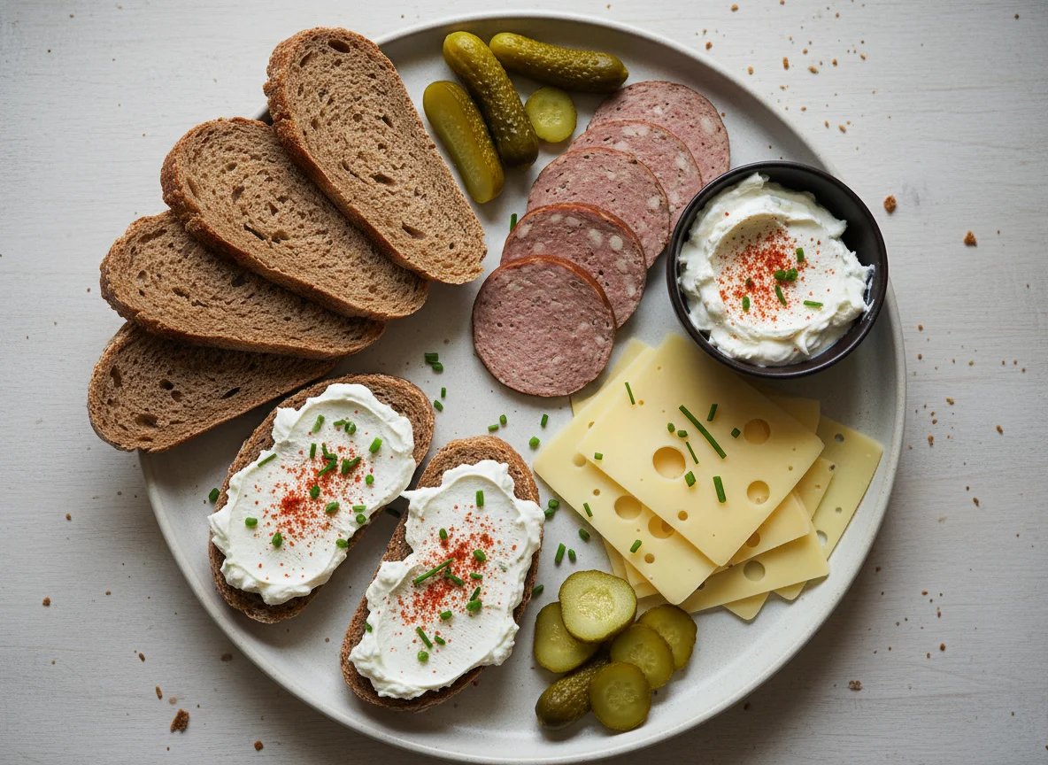 Brotzeit mit Wurst, Käse und Gurken photo