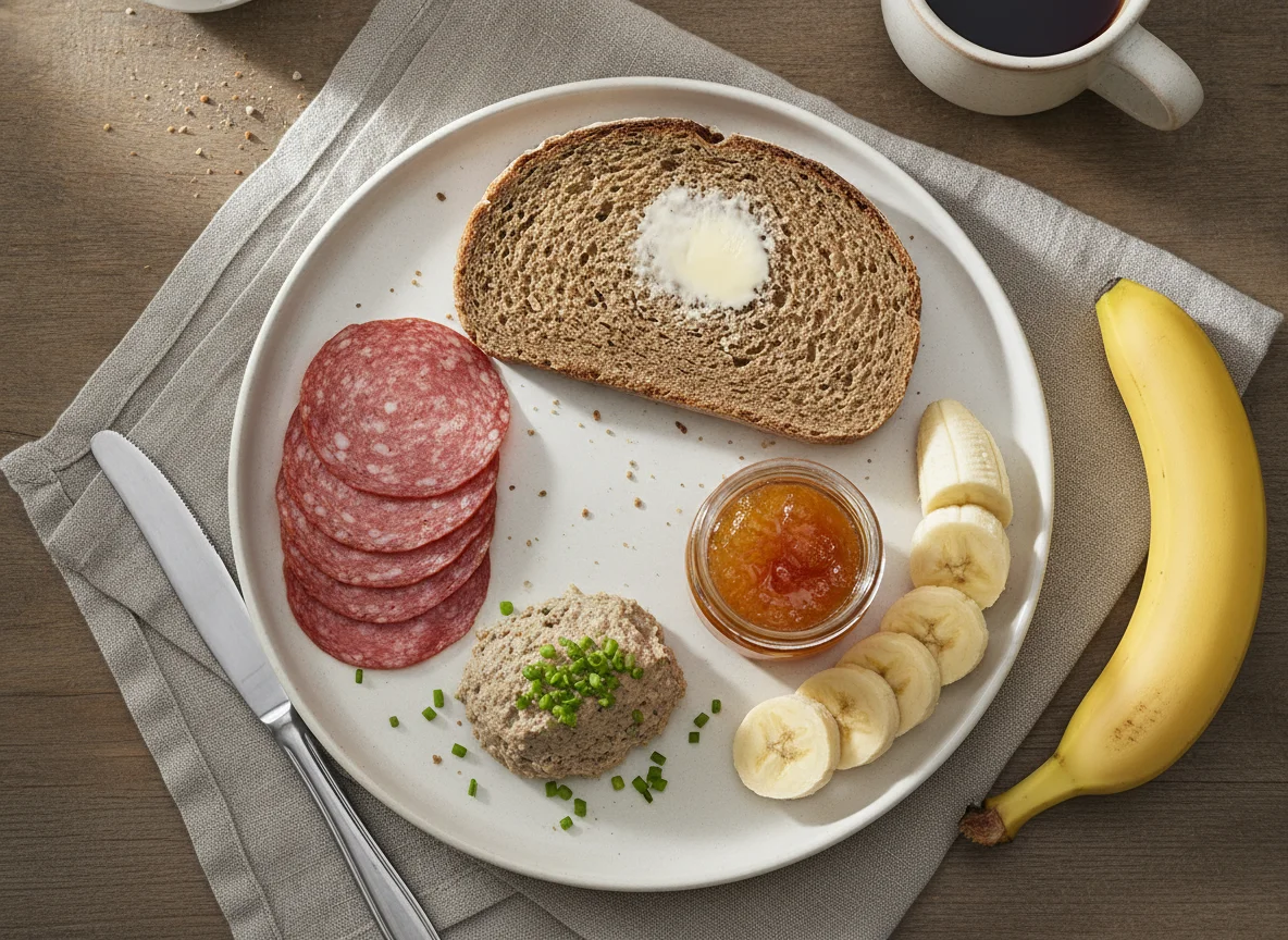 Brotzeit mit Wurst, Leberwurst, Marmelade und Banane photo