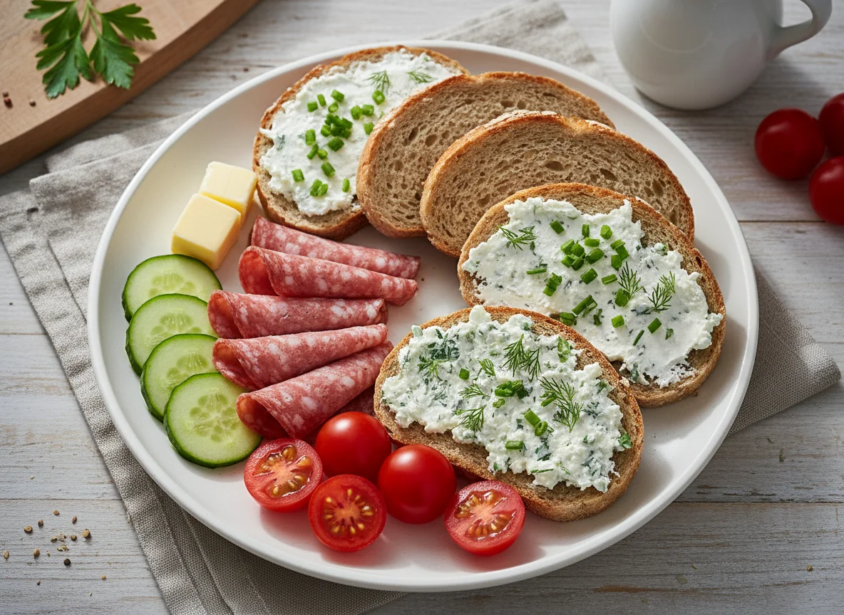 Brotzeit mit Wurst und Frischkäse photo