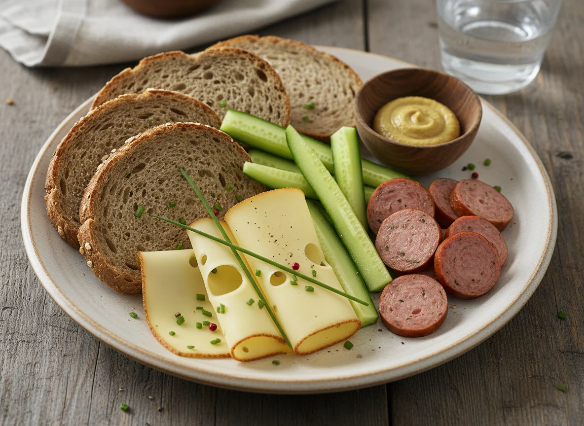 Brotzeit mit Wurst und Gurke photo