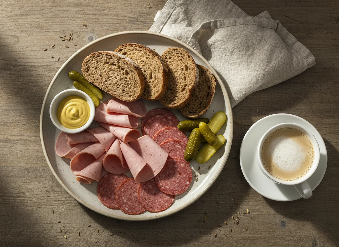 Brotzeit mit Wurst und Gurken photo