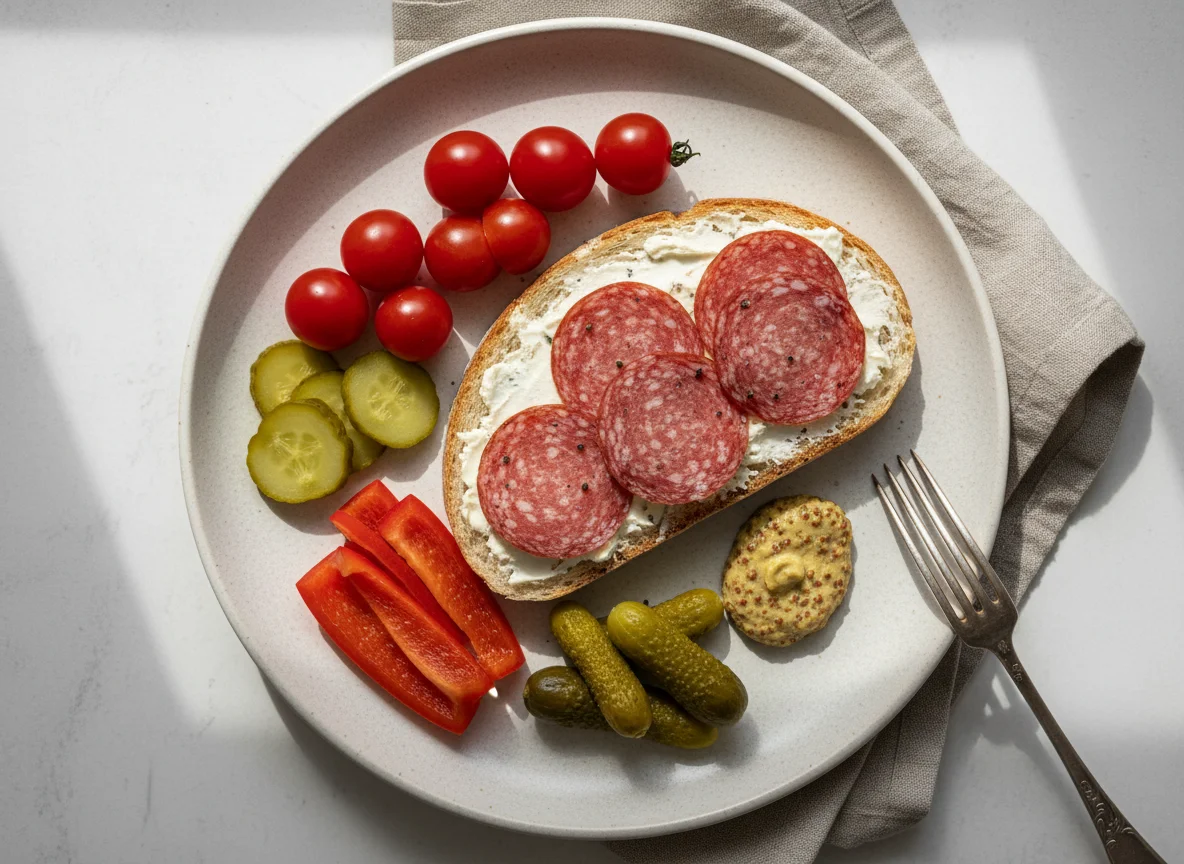 Brotzeit mit Wurstbrot und Gemüse photo