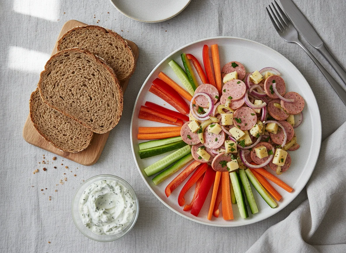 Brotzeit mit Wurstsalat und Gemüsesticks photo