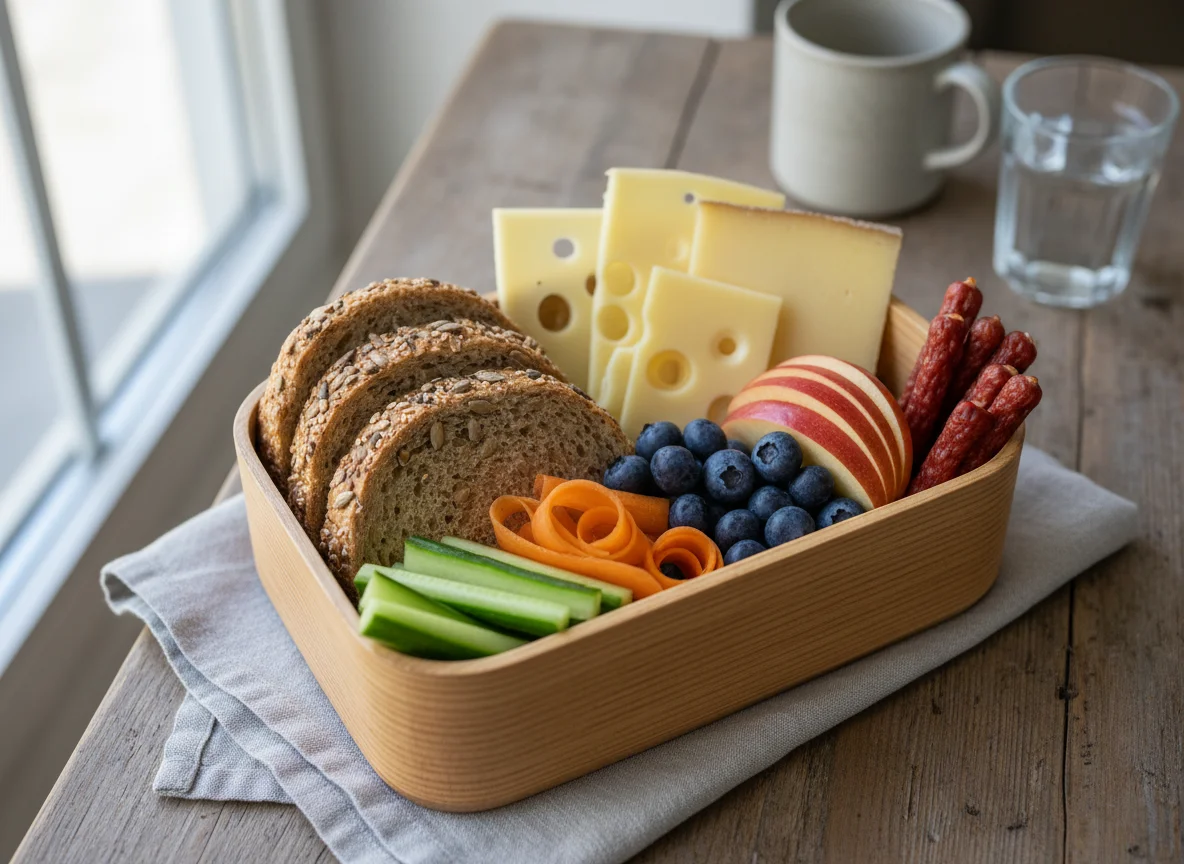 Brotzeitbox mit Brot, Käse, Gemüse, Beeren, Apfel und Salami photo
