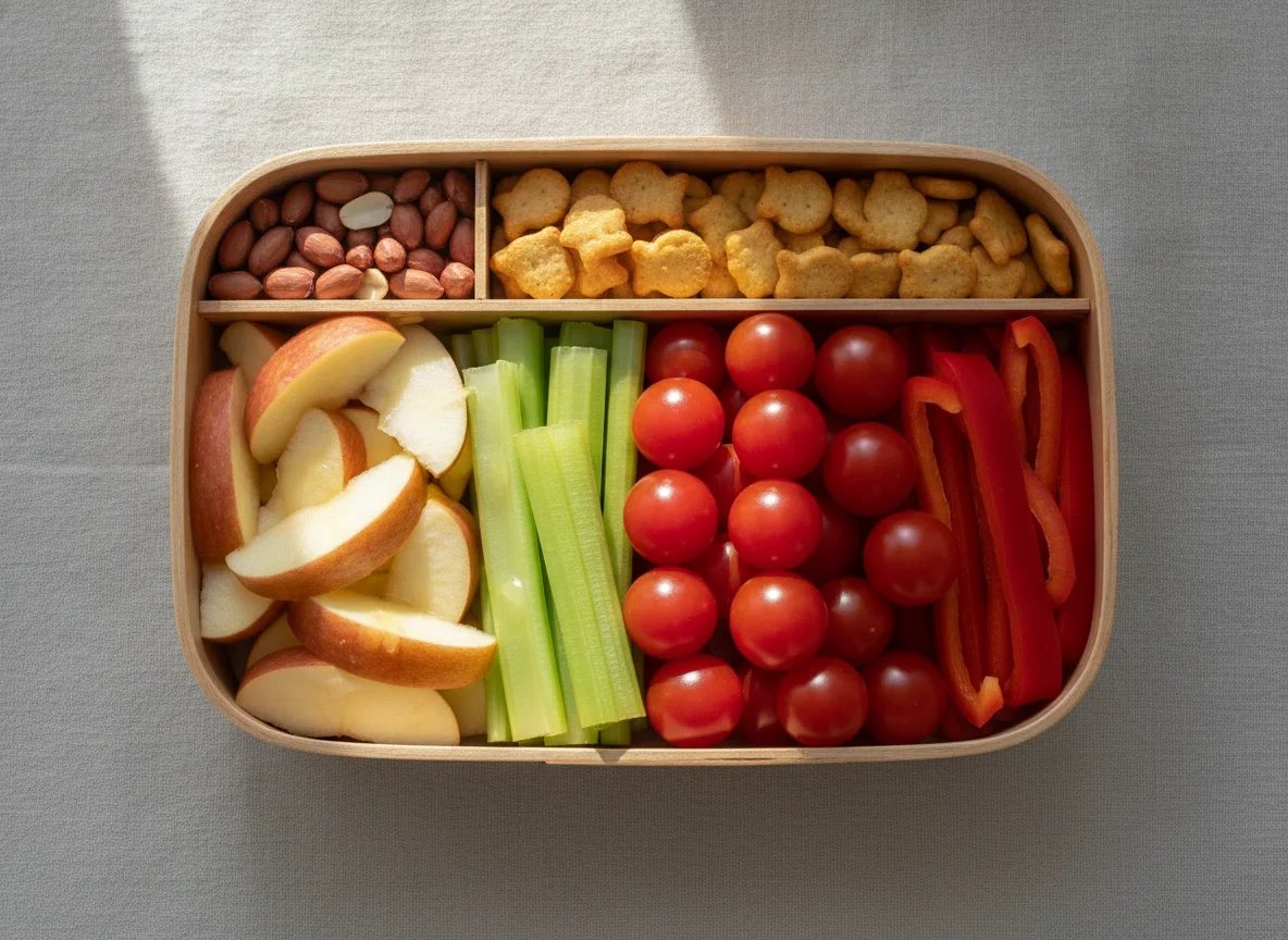 Brotzeitbox mit Gemüse, Obst und Nüssen photo