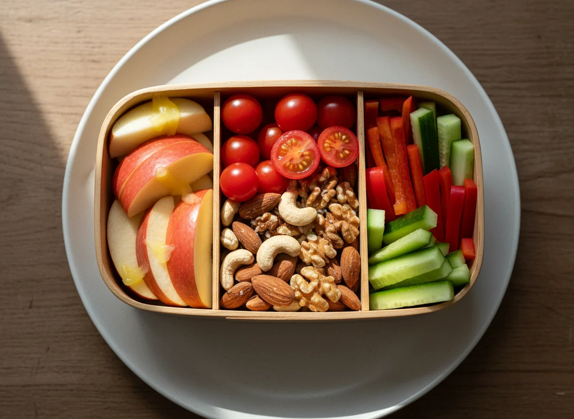 Brotzeitbox mit Obst, Gemüse und Nüssen photo