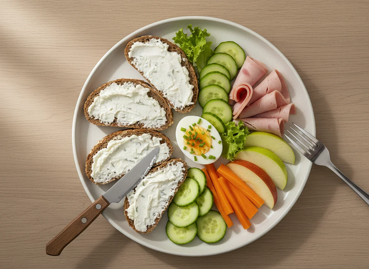 Brotzeitplatte mit Aufschnitt, Ei und Gemüse photo