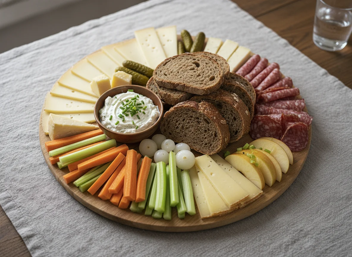 Brotzeitplatte mit Käse, Salami und Gemüse photo