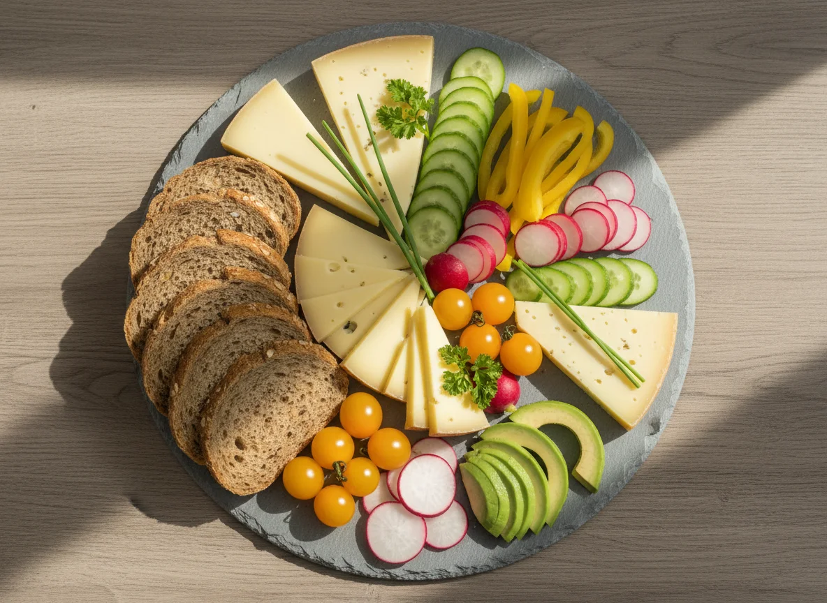 Brotzeitplatte mit Käse und Gemüse photo