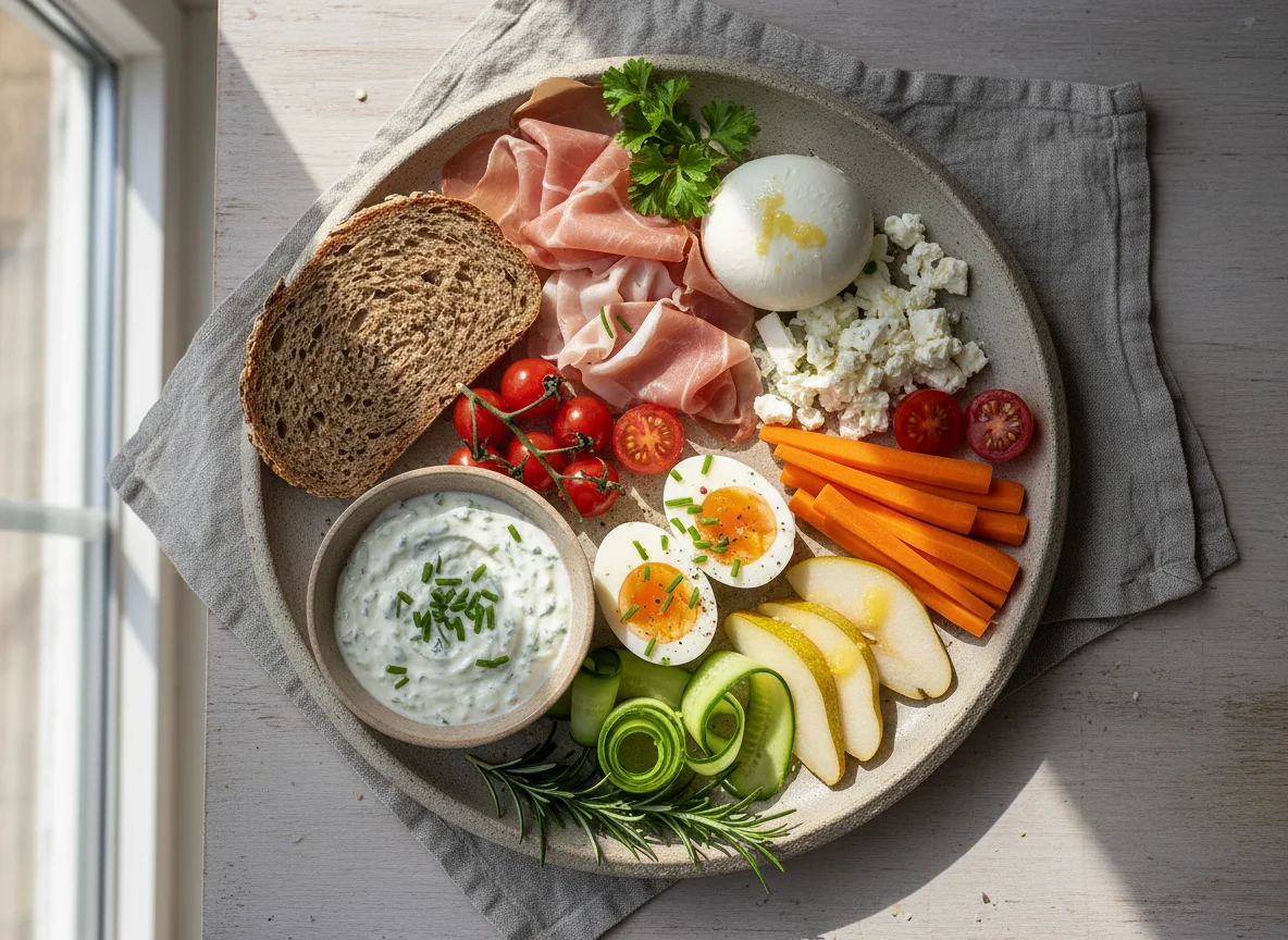 Brotzeitplatte mit Schinken, Ei und Gemüse photo