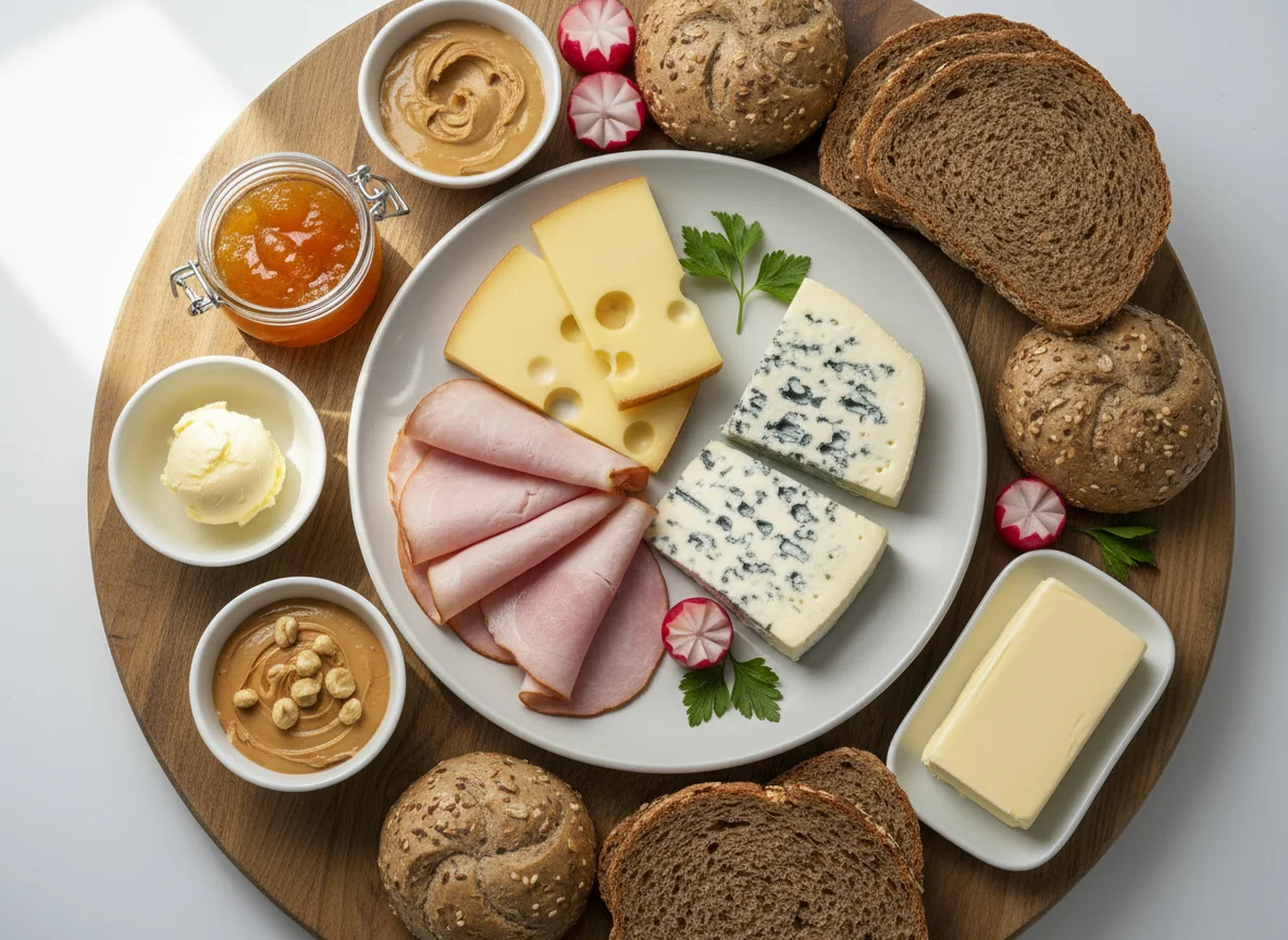Brotzeitplatte mit Schinken, Käse und Broten photo