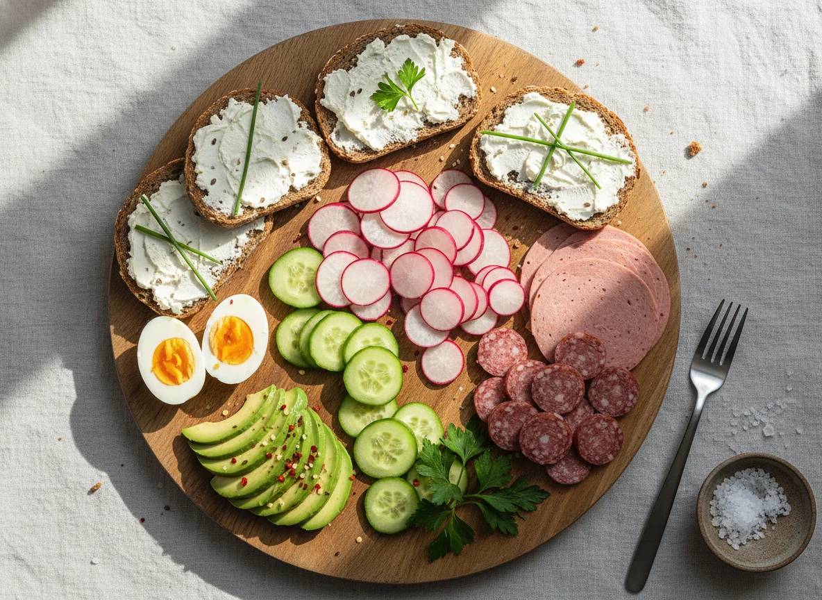 Brotzeitplatte mit verschiedenen Belägen photo