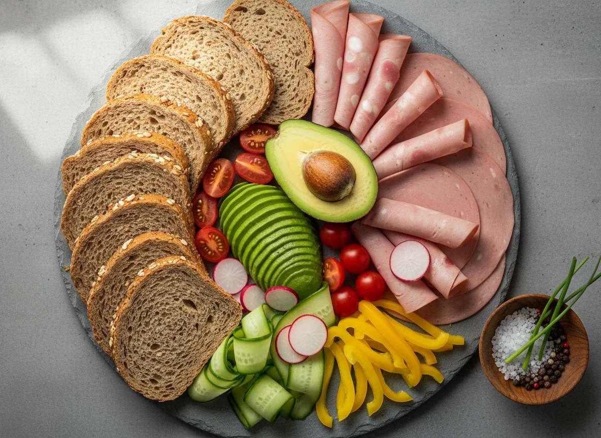 Brotzeitplatte mit Wurst, Avocado und Gemüse photo