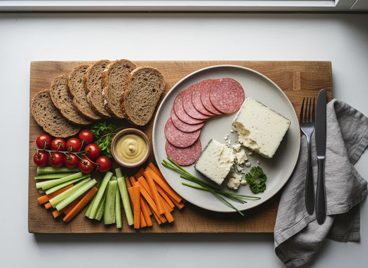 Brotzeitplatte mit Wurst, Käse und Gemüse photo