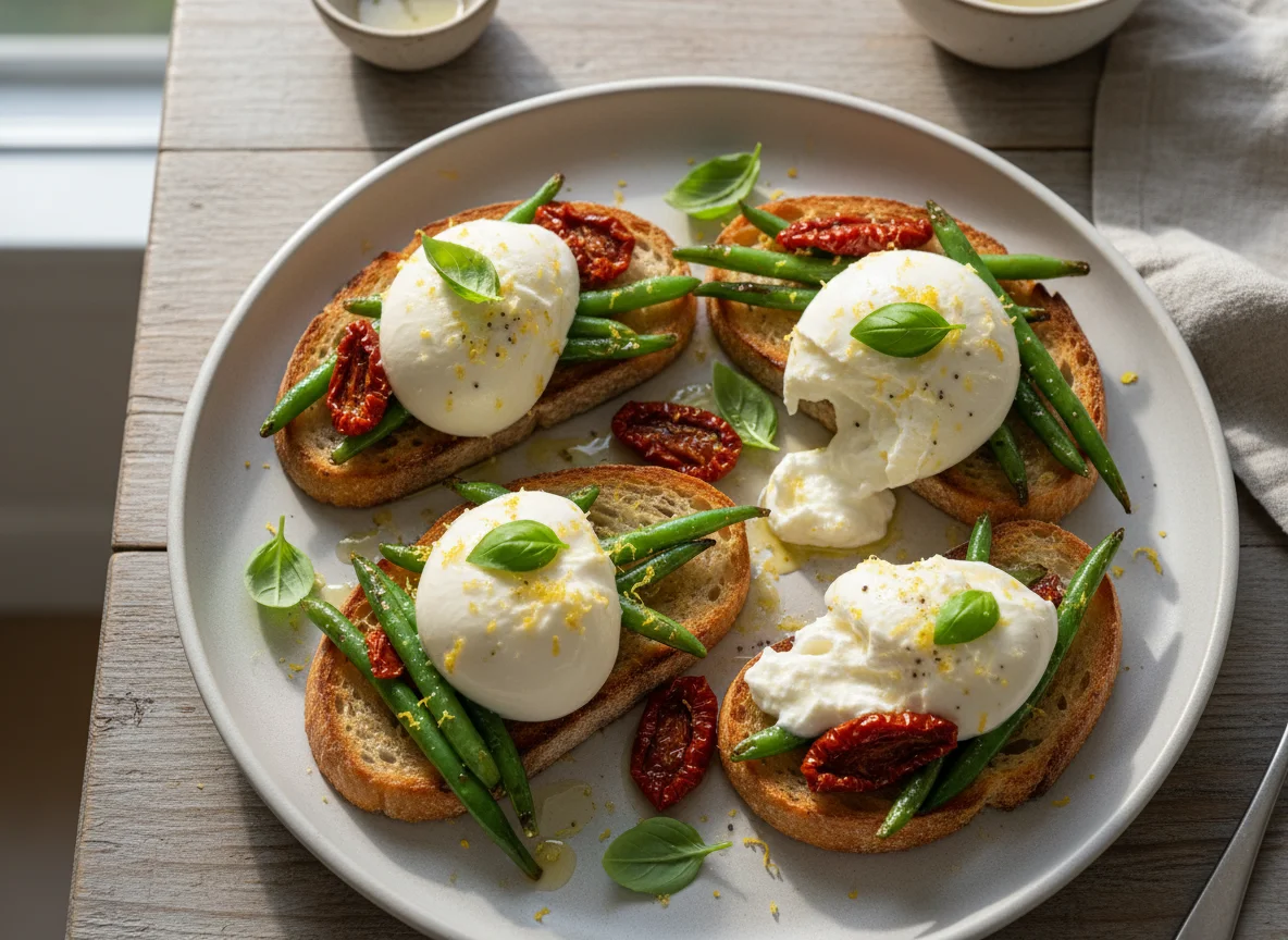 Bruschetta mit Burrata, Bohnen und Tomaten photo