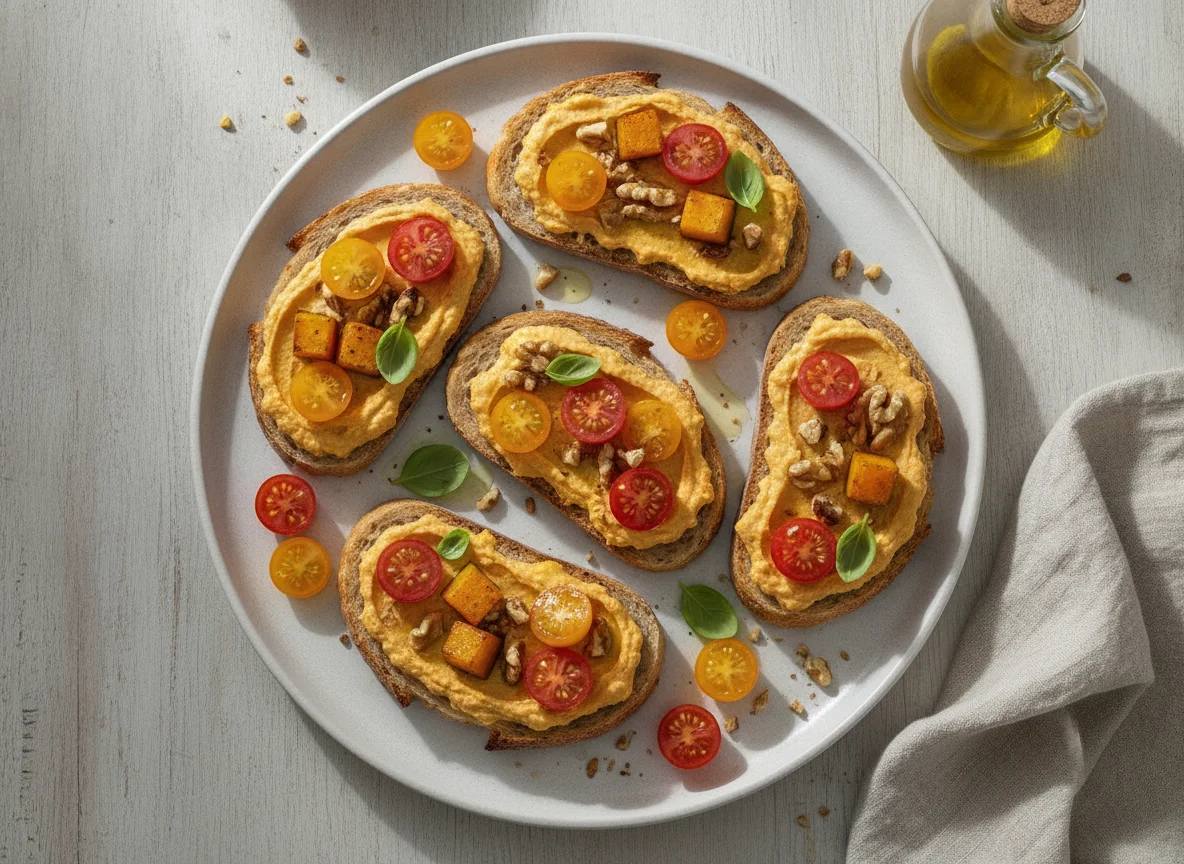 Bruschetta mit Hummus, Kirschtomaten und Walnüssen photo