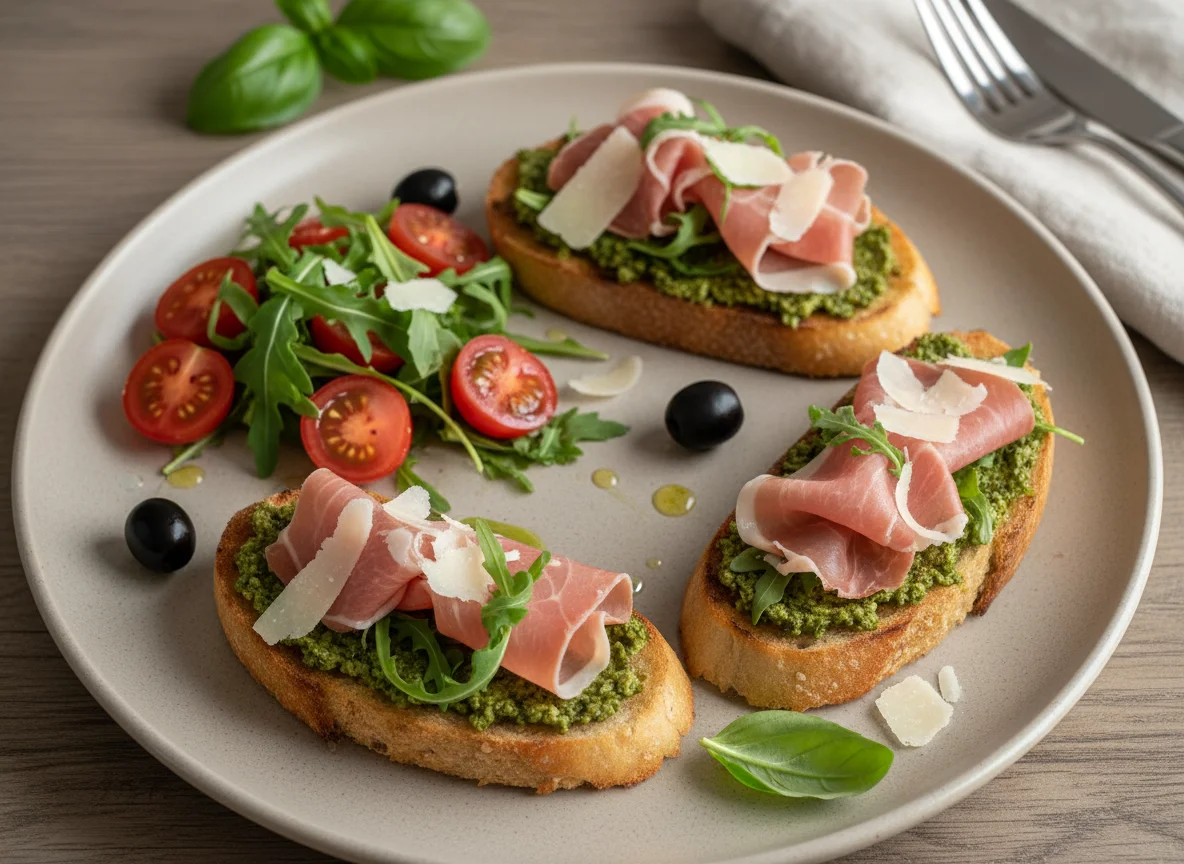 Bruschetta mit Pesto, Parmaschinken und Parmesan mit Rucola-Salat photo