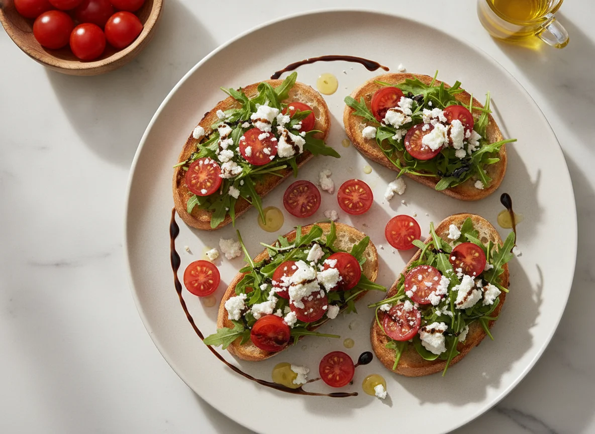 Bruschetta mit Rucola, Tomaten und Feta photo