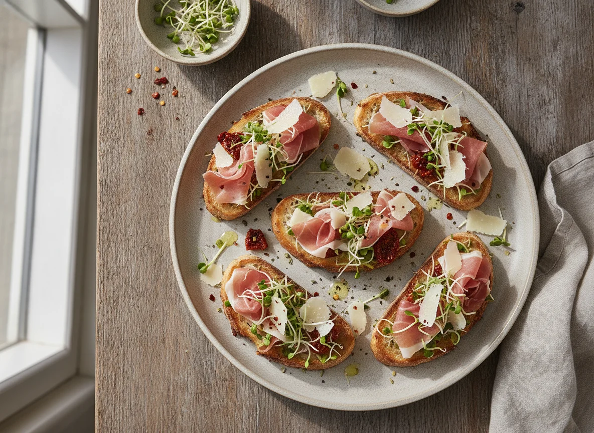 Bruschetta mit Schinken und Sprossen photo