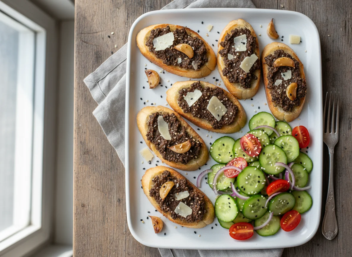 Bruschetta mit Tapenade und Gurkensalat photo
