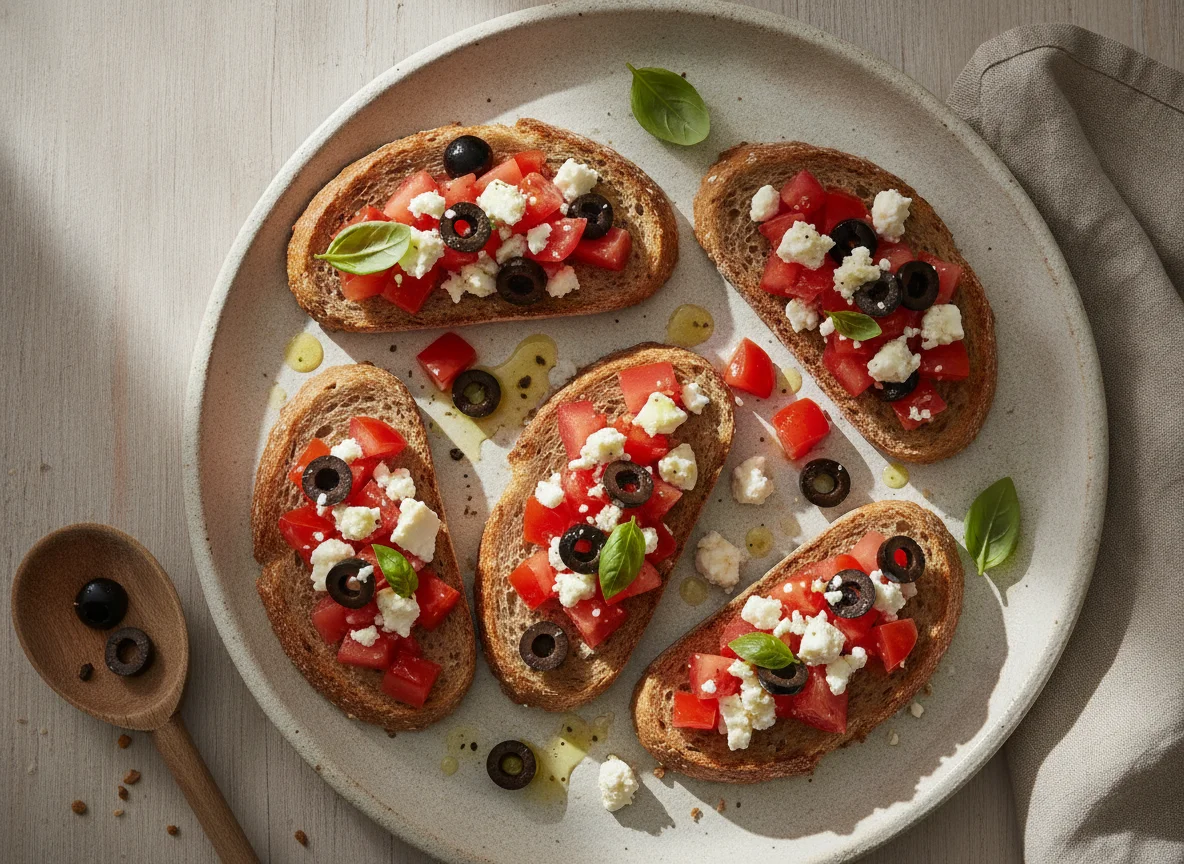 Bruschetta mit Tomaten, Feta und Oliven photo