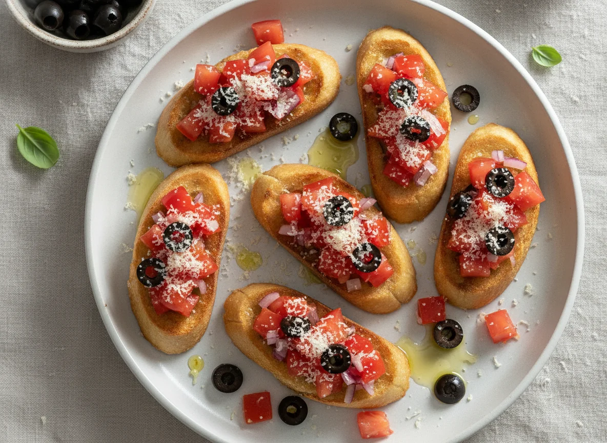 Bruschetta mit Tomaten, Zwiebeln, Käse und Oliven photo