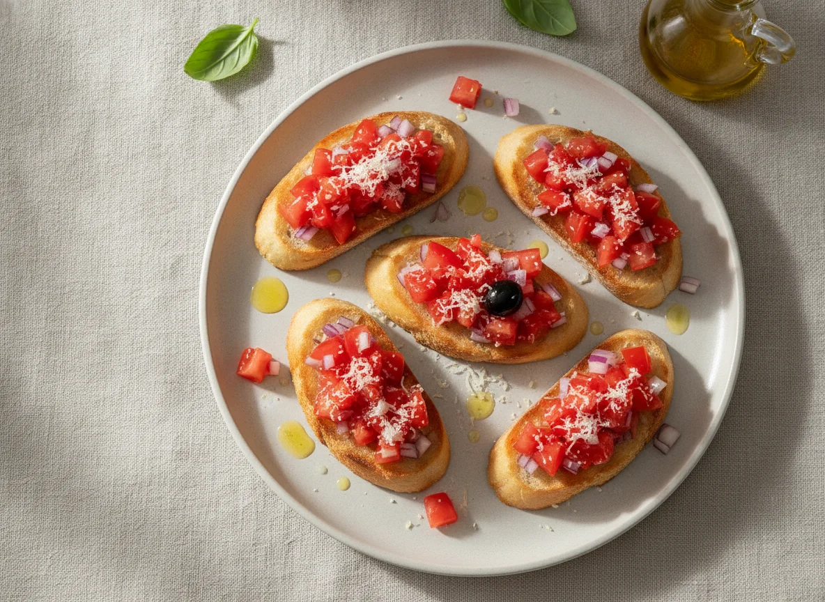 Bruschetta mit Tomaten, Zwiebeln und Käse photo