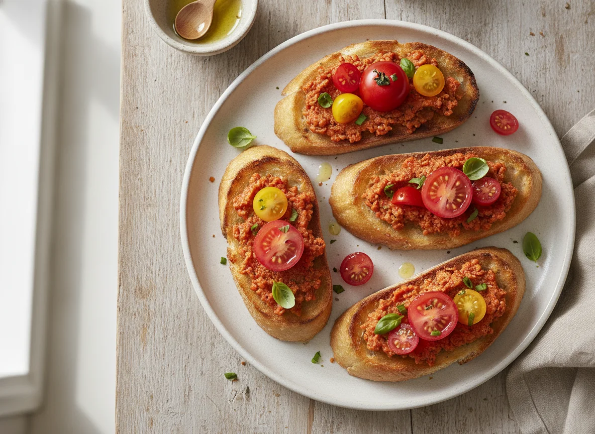 Bruschetta mit Tomatenaufstrich und Kirschtomate photo