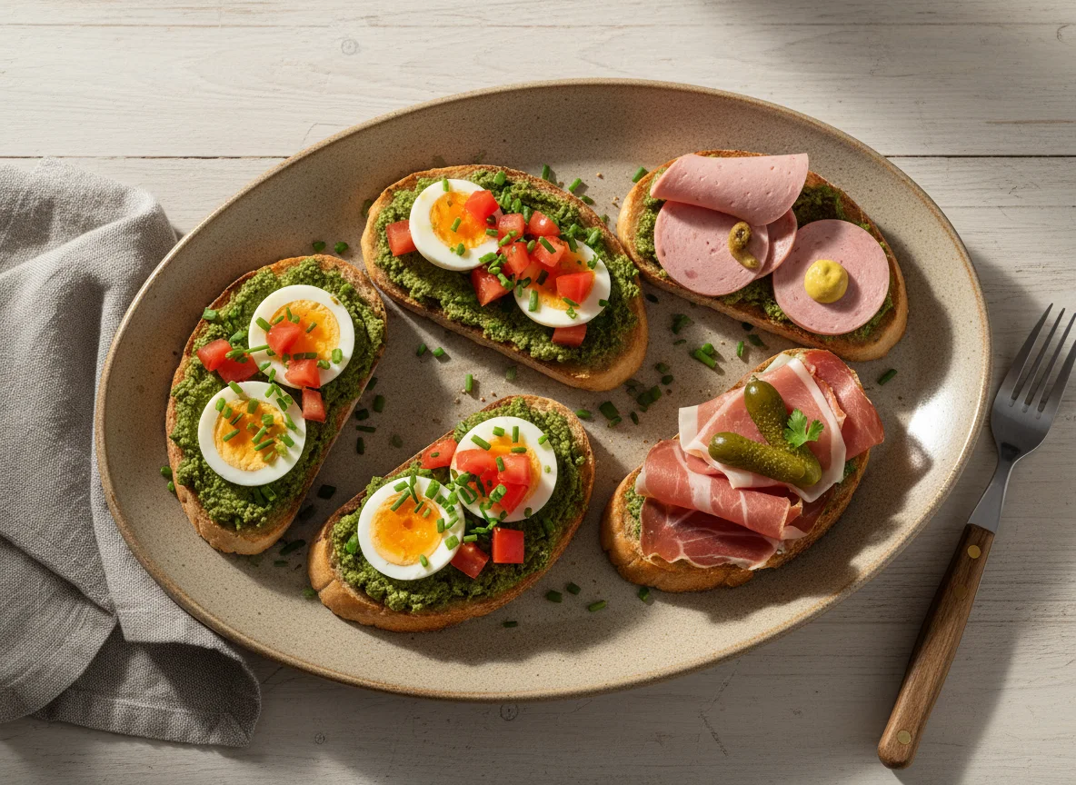 Bruschetta mit Wurst und Schinken photo