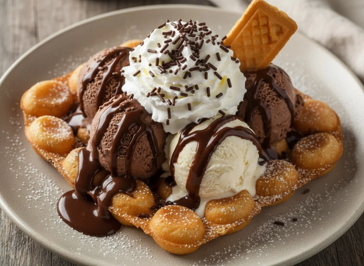 Bubble Waffle mit Eis und Schokoladensauce photo