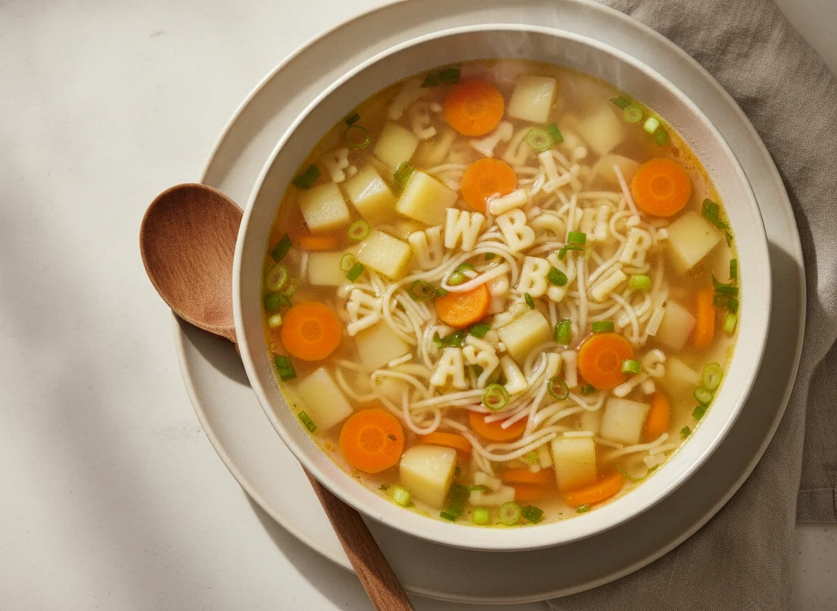 Buchstabensuppe mit Nudeln und Gemüse photo